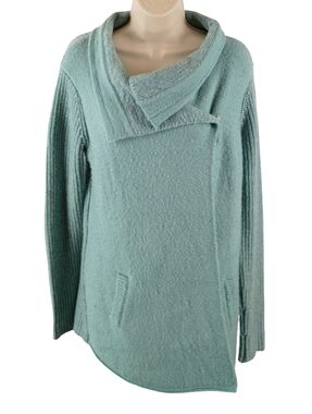 Asymmetrical Collar Longline Mixed Texture Women's Sweater Cardigan - Light Teal